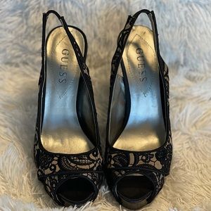 Size 6.5 GUESS black/nude sling back stiletto